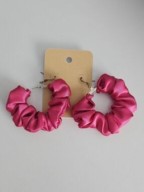 Bright Pink Satin Scrunchie Hoop Earrings - Women Jewelry